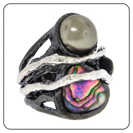 Ring Two toned matt gun metal silver Abalone shell Gray Pearl 5 6 9 10 NWT