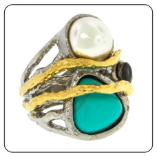 Ring Two toned Green Turquoise stone Cream Pearl silver gold 5 6 9 10 NWT