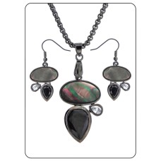 Pendant Set Black Mother of Pearl Stone Jet Cubic Zirconia necklace earring NWT