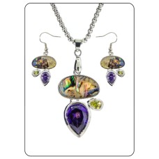 Pendant Earring Set Abalone Stone Amethyst Peridot Cubic Zirconia adjustable NWT