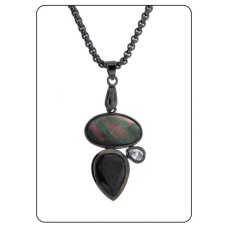 Pendant Black Mother of Pearl Stone Jet Cubic Zirconia silver chain NWT