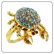 Moveable crab ring Rainbow AB crystal gold plate Unique SIZE 6 7 8 NWT
