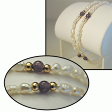 Biwa Pearl Amethyst Bracelet 2 strand gemstone 7.5" yellow gold plate bead NWT