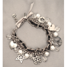 Charm Bracelet layered free spirit pearl crystal ribbon rope white gold NWT