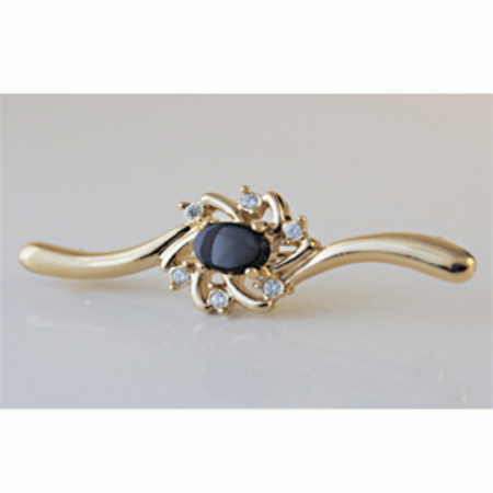 Black Onyx Gemstone Cubic Zirconia Brooch yellow gold plate pin oval stone NWT