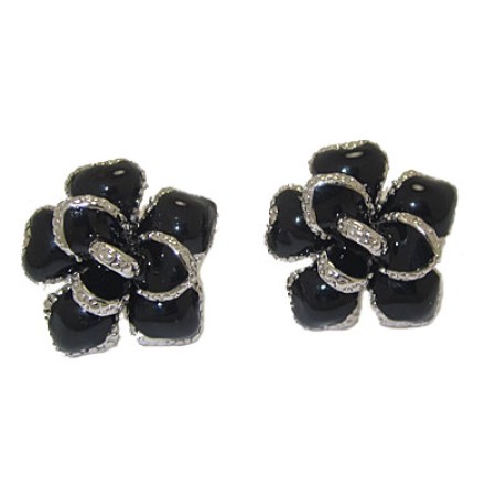 Silver And Black Epoxy and White CZ Earrings 