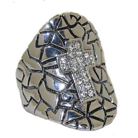 Silver and white crystals cross ring