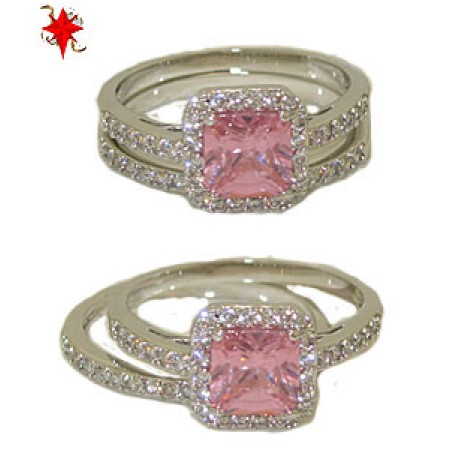 Two Pcs Wedding Engagement Ring in Rhodium And Pink Diamond