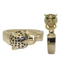 Hinged Gold Cat Bangle with Emerald Eyes