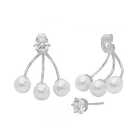 Stainless Steel Ear Jacket Earrings With Simulated Pearls and Diamonds