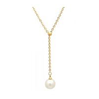 18kt Gold Plated Stainless Steel Necklace With Simulated Single Hanging Pearl