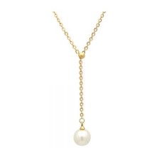 18kt Gold Plated Stainless Steel Necklace With Simulated Single Hanging Pearl