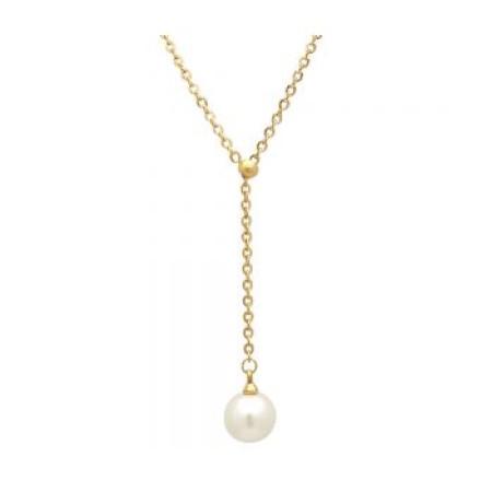 18kt Gold Plated Stainless Steel Necklace With Simulated Single Hanging Pearl