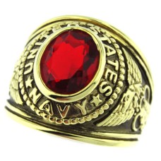 US Navy Ring with red crystal set in heavy 18 karat antiqued gold
