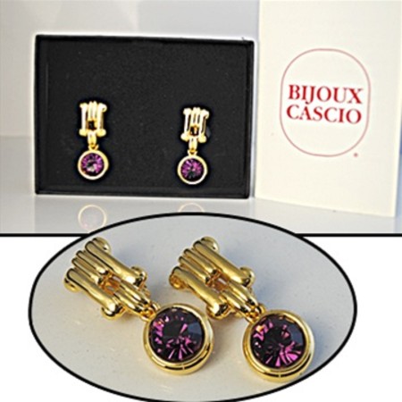 Bijoux Cascio Earrings gold cllip crystal amethyst NWT 