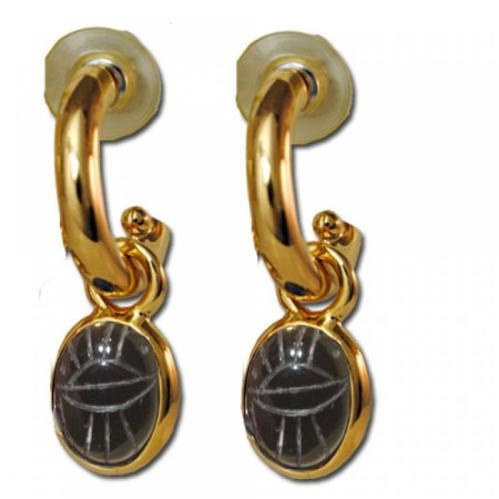 Scarab Gold plated hoop drop earrings Black Jade