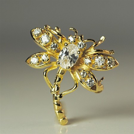 Dragonfly Brooch in 925 Sterling Silver and Yellow 24 Kt Gold 