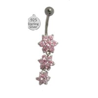 Pink 925 Sterling Silver Belly Ring flowers CZ