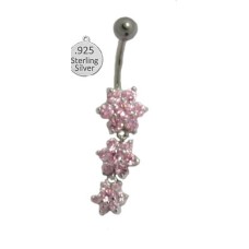 Pink 925 Sterling Silver Belly Ring flowers CZ