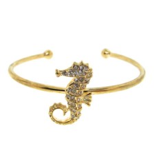 White Crystal Sea Horse Set in Yellow Gold