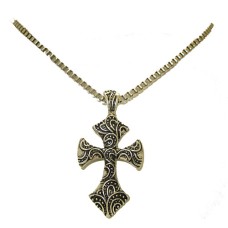 One tone antiqued silver cross pendant on box chain 