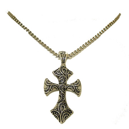 One tone antiqued silver cross pendant on box chain 
