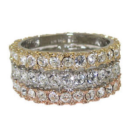 Three tone band, Silver, Rose Gold and Gold, white crystals ring