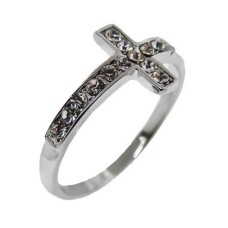 One Tone Silver, White Crystals cross ring