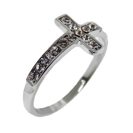One Tone Silver, White Crystals cross ring