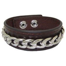Leather Bracelet with Chain accent Brown