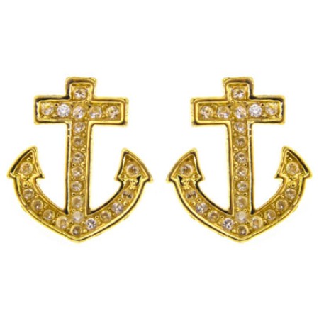 Yellow Gold Anchor And Crystal Stud Earrings