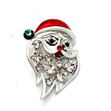 Xmas Santa Clause Pin Clear Stones White Gold